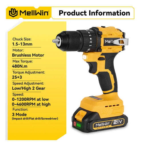 MELLWIN 13MM Brushless Electric Impact Drill 25+3 Torque Handheld Flat Drill Screwdriver Power Tools For Makita 18V Battery Pin